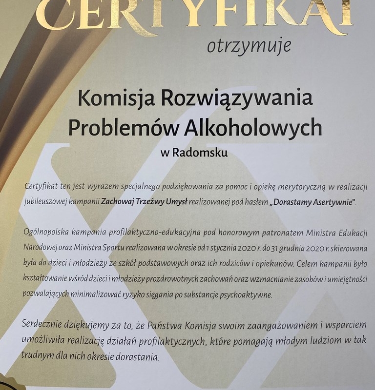Złoty Certyfikat dla Miejskiej Komisji Rozwiązywania Problemów Alkoholowych w Radomsku
