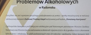 Złoty Certyfikat dla Miejskiej Komisji Rozwiązywania Problemów Alkoholowych w Radomsku